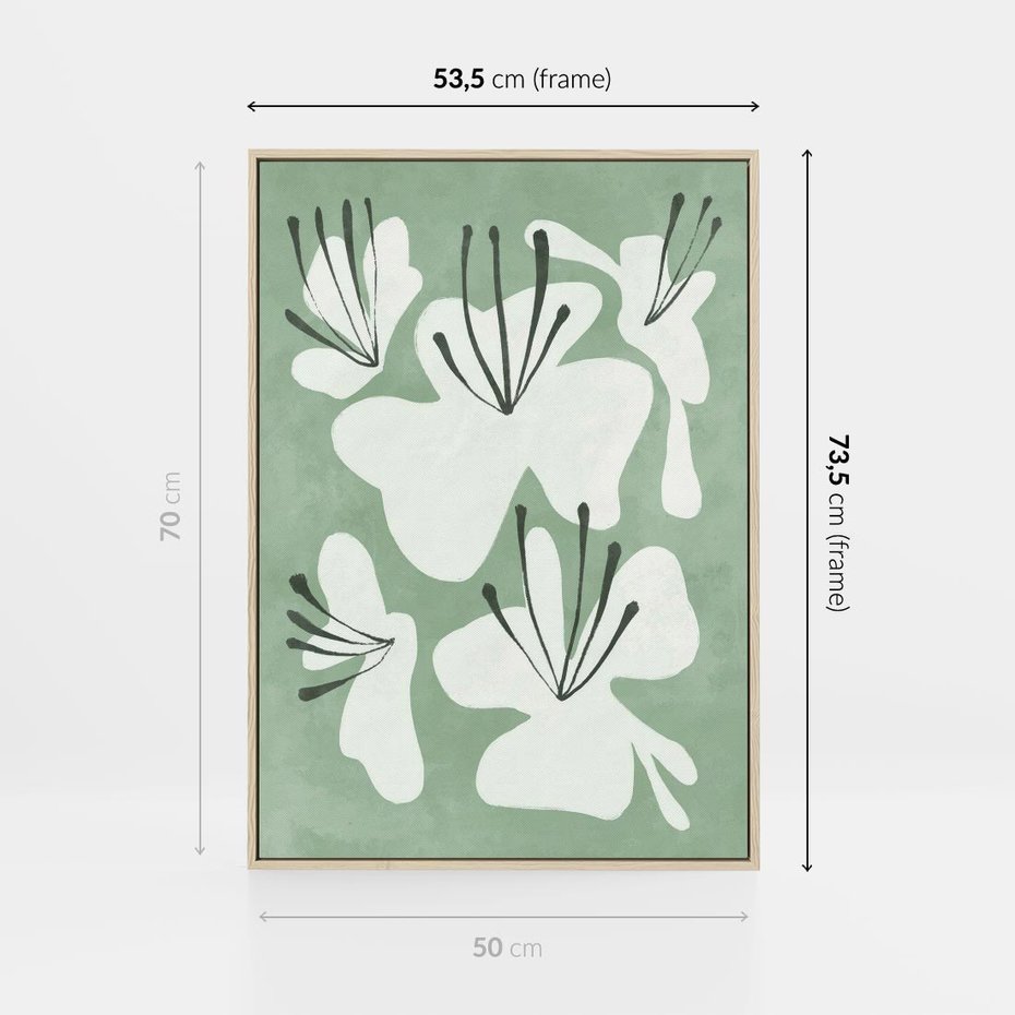 Obraz w ramie 50x70 - Rozkwitające Ukojenie - zgaszona zieleń, kwiaty - rama drewno