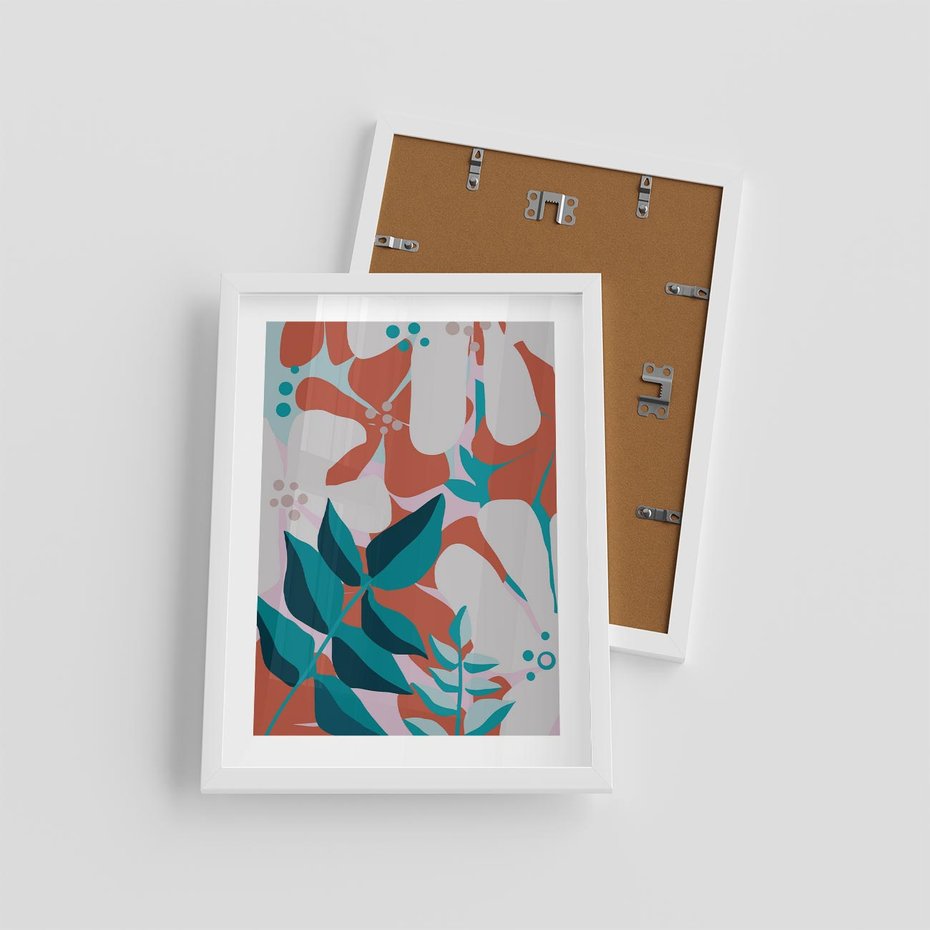 Plakat w ramie 30x40 - Harmonijne Formy - abstrakcyjna kompozycja kwiatowych form, kolor zgaszone - rama biała