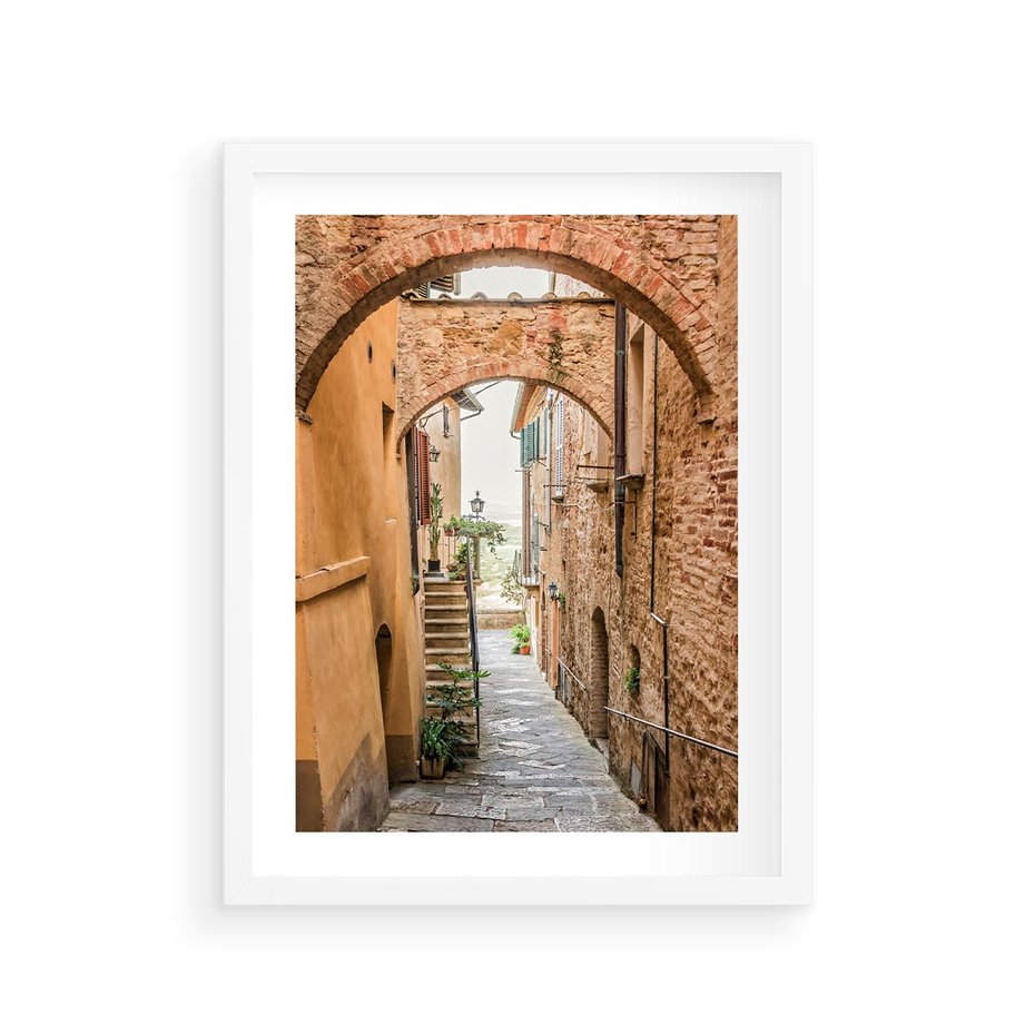 Plakat w ramie 30x40 - Magiczna podróż w głąb miasta - uliczka, perspektywa - rama biała