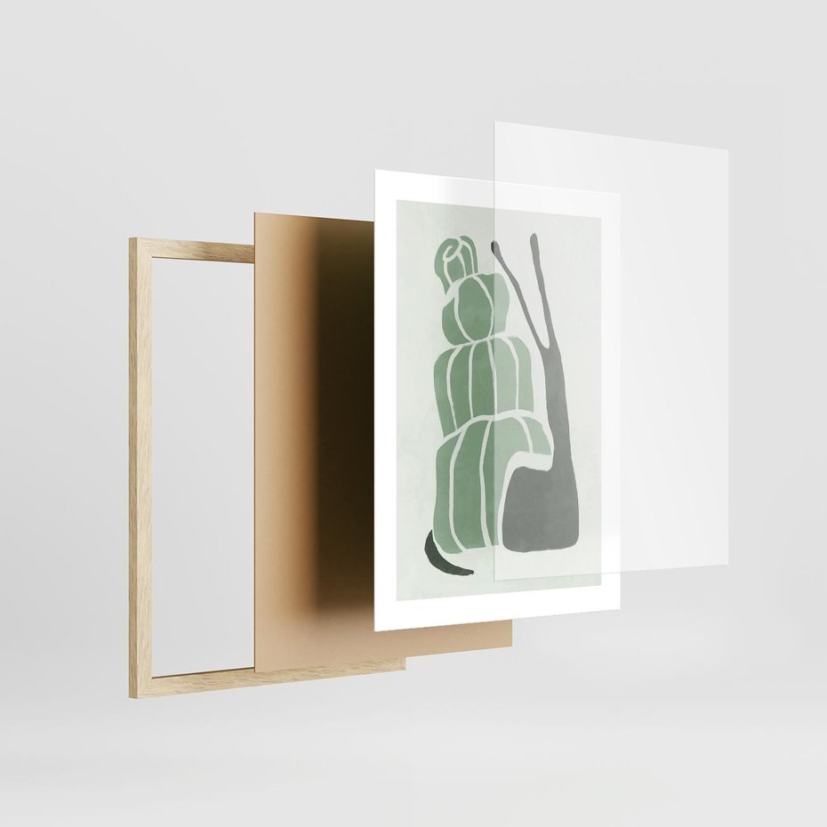 Plakat w ramie 30x40 - Zielona Równowaga - abstrakcyjny zielony ślimak, skandynawski design - rama drewno