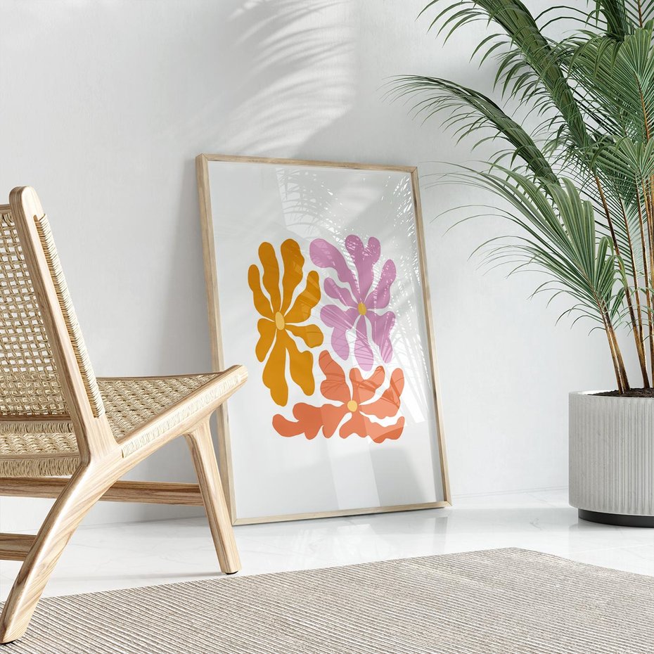 Plakat w ramie 40x50 - Rozbijające Refleksje - abstrakcyjne kolorowe kwiaty, minimlizm - rama drewno