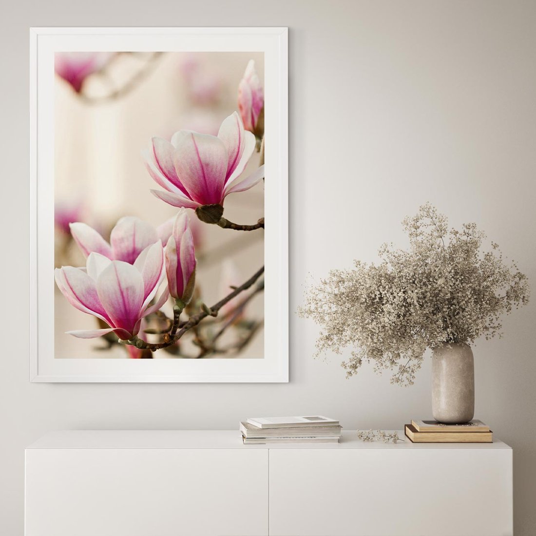 Plakat w ramie 30x40 - Urok Magnolii - magnolie, kwiaty - rama biała