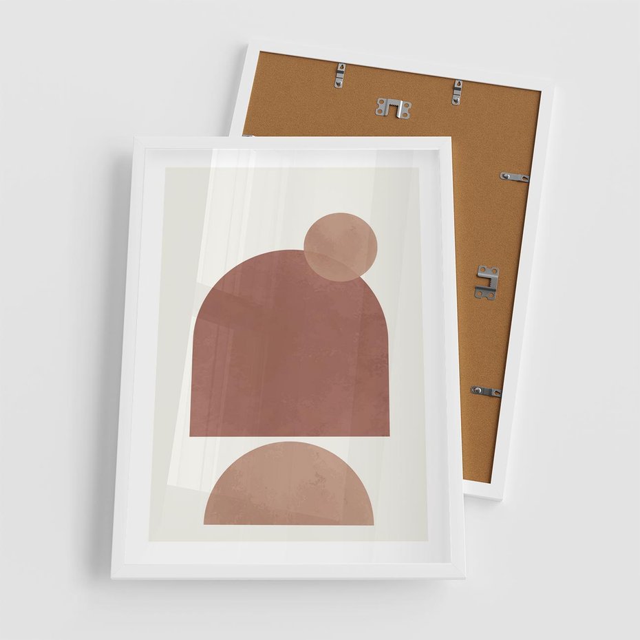 Plakat w ramie 50x70 - Rozkwitające Odbicia - abstrakcyjne geometryczne kształty, odcienie brązu i beżu - rama biała