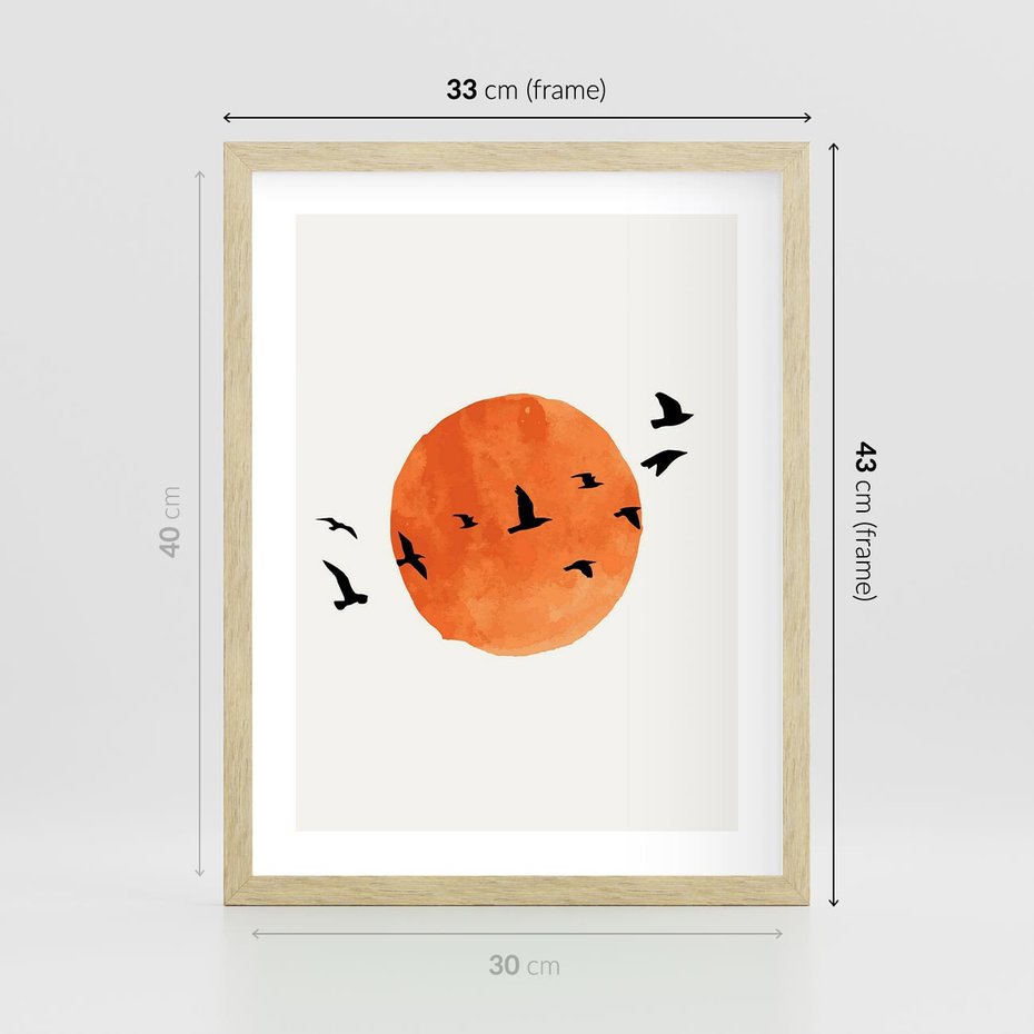 Plakat w ramie 30x40 - Zachód Słońca i Ptaki - grafika akwarela, czarne ptaki na tle zachodu słońca - rama drewno
