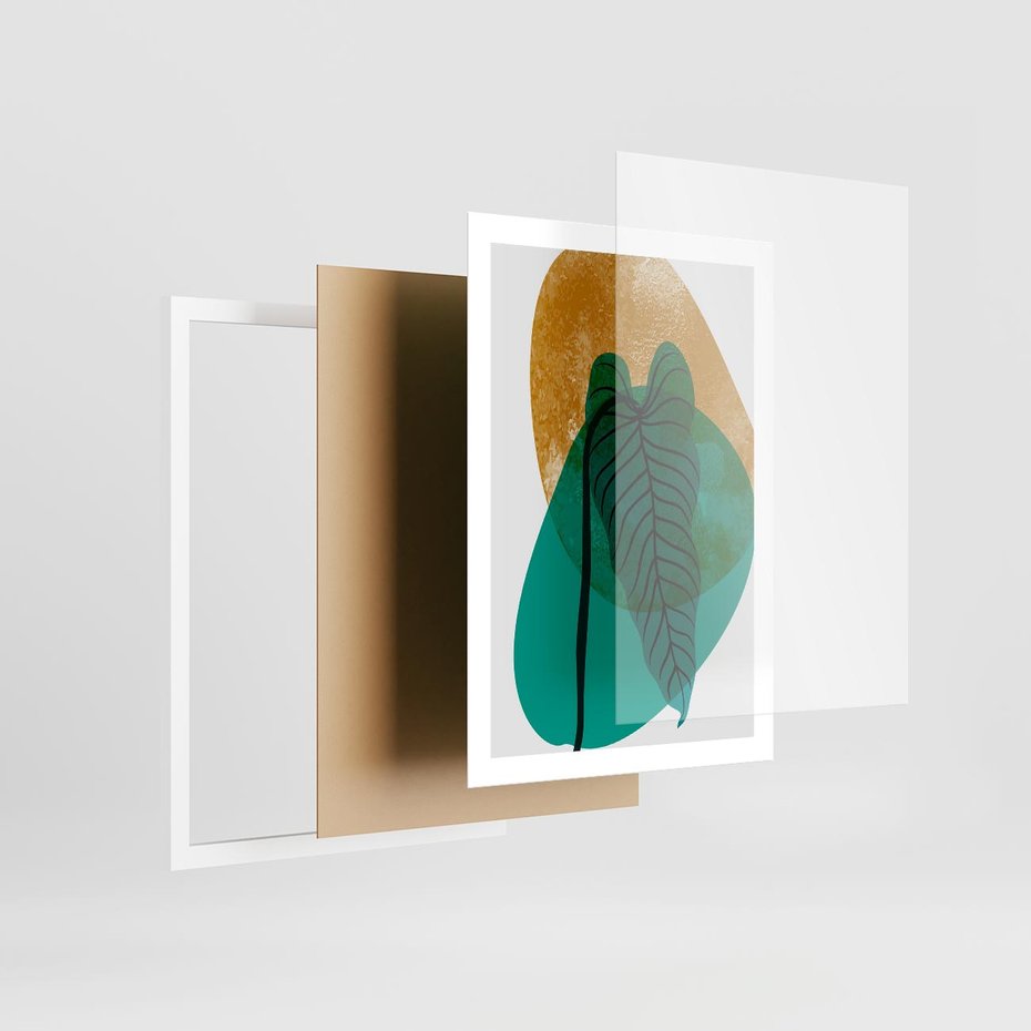 Plakat w ramie 50x70 - Zielony Liść ze Złotą Plamą - zielony liść, złota plama - rama biała