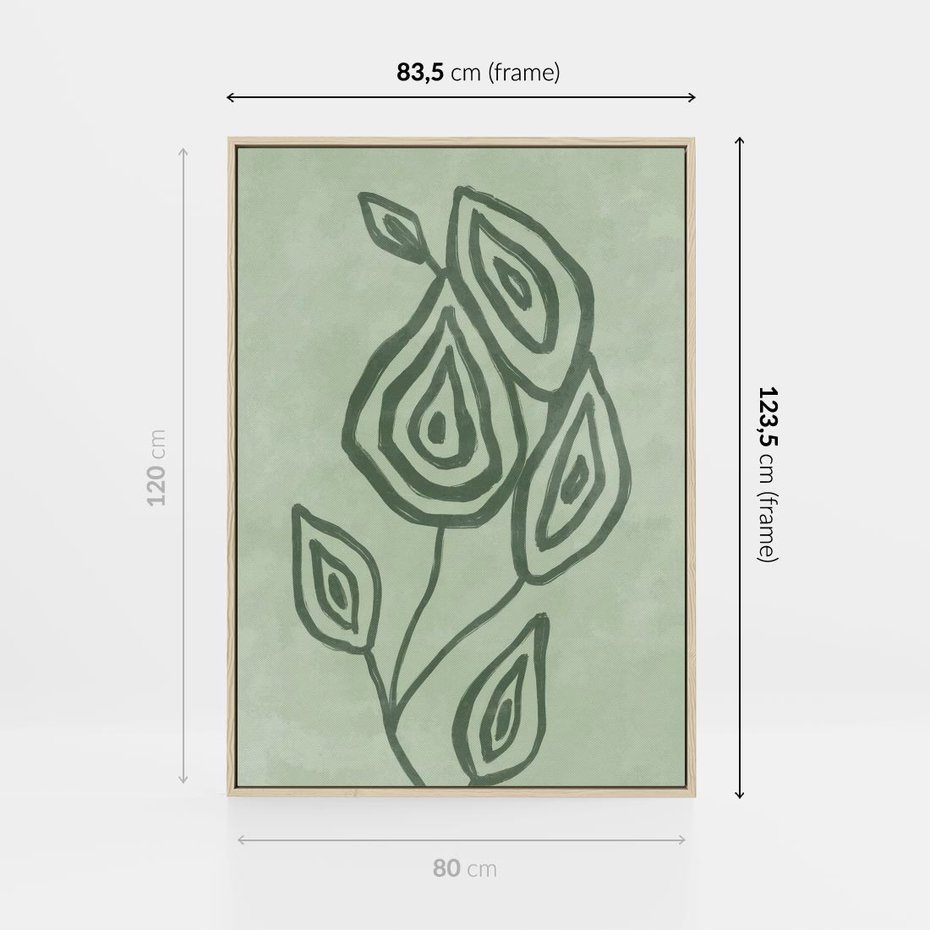 Obraz w ramie 80x120 - Szmaragdowy Oddech - abstrakcyjne delikatne zielone linie, podobne do gałęzi kwiatów - rama drewno