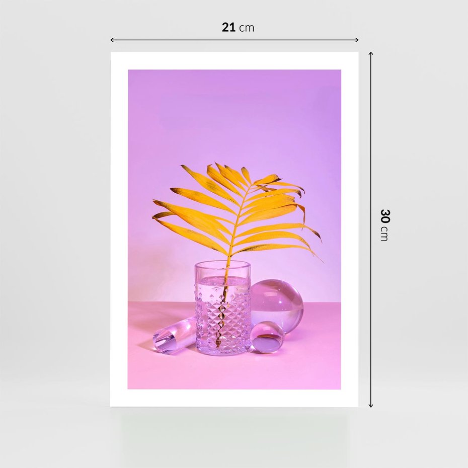Plakat bez ramy 21x30 - Neonowy Liść Palmy na Fotografii - neonowa fotografia, liść palmy w szklance