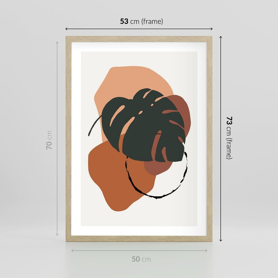 Plakat w ramie 50x70 - Brązowa Ekspresja - liść monstery, boho obraz - rama drewno