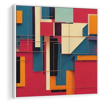 Obraz w ramie 50x50 - Przejście przez labirynt myśli - kolorowa abstrakcja, instalacja z prostokątów i lini - rama biała