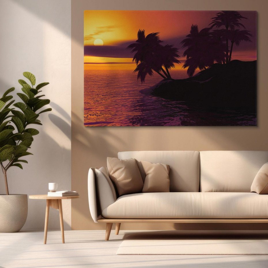 Obraz na płótnie 100x70 - Zachód słońca - Palmy nad morzem - zachód słońca, palmy