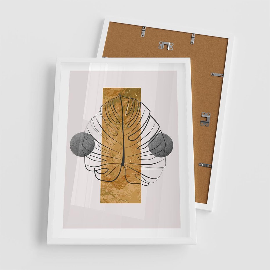 Plakat w ramie 50x70 - Minimalistyczna Monstera: Złoty Prostokąt - liść monstery, minimalizm - rama biała