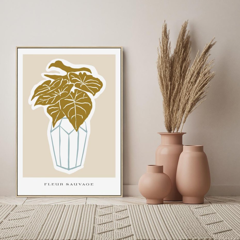 Obraz w ramie 80x120 - Rytmy Nowych Wizji - abstrakcyjne liście, tropikalne w wazonie - rama drewno