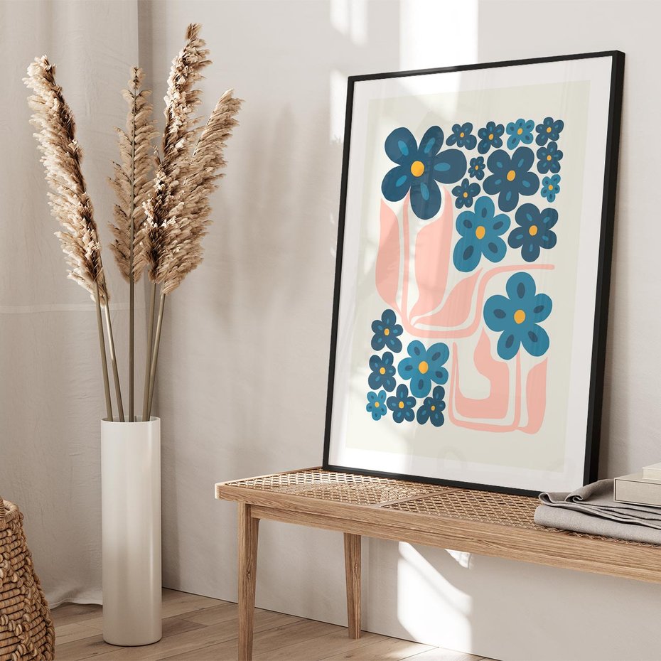 Plakat bez ramy 21x30 - Niebieskie Refleksje - niebieskie kwiaty, niezapominajki