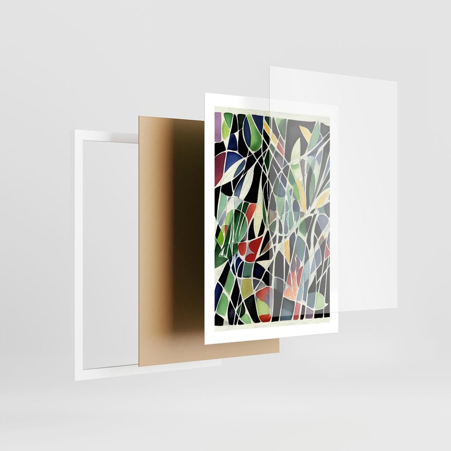 Plakat w ramie 50x70 - Taniec Plam i Kształtów - abstrakcyjny akwarelowy obraz, plamy - rama biała