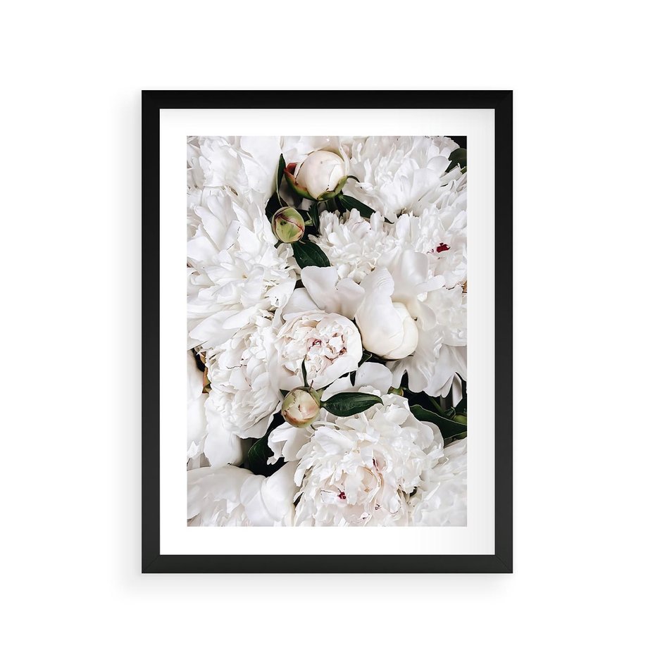 Plakat w ramie 30x40 - Modne Białe Kwiaty - białe kwiaty, płatki - rama czarna