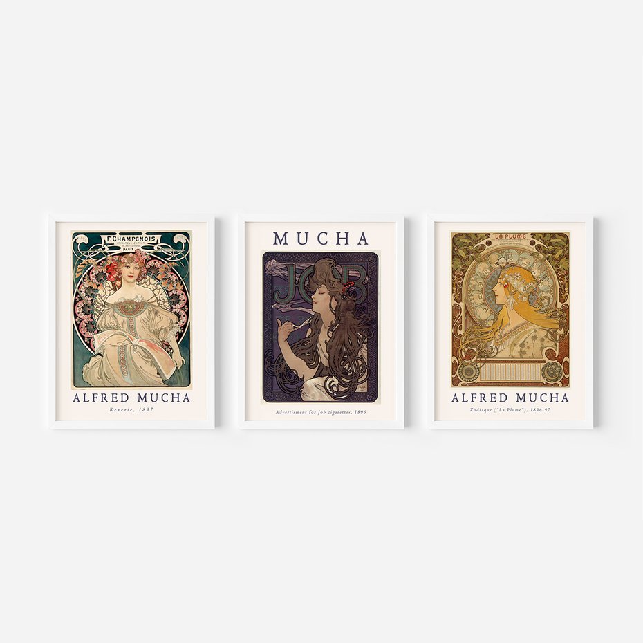 Zestaw obrazy w ramie 50x70 galeria - Mucha, secesja, plakat, kobieta - rama biała