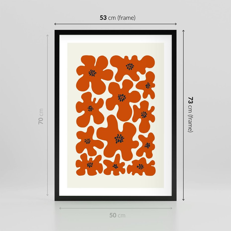 Plakat w ramie 50x70 - Wibracje Przestrzeni - abstrakcyjne czerwone kwiaty, kompozycja - rama czarna