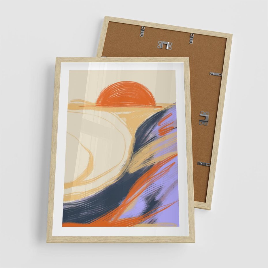 Plakat w ramie 50x70 - Pomarańczowy Horyzont - pastelowy krajobraz, nowoczesny plakat - rama drewno