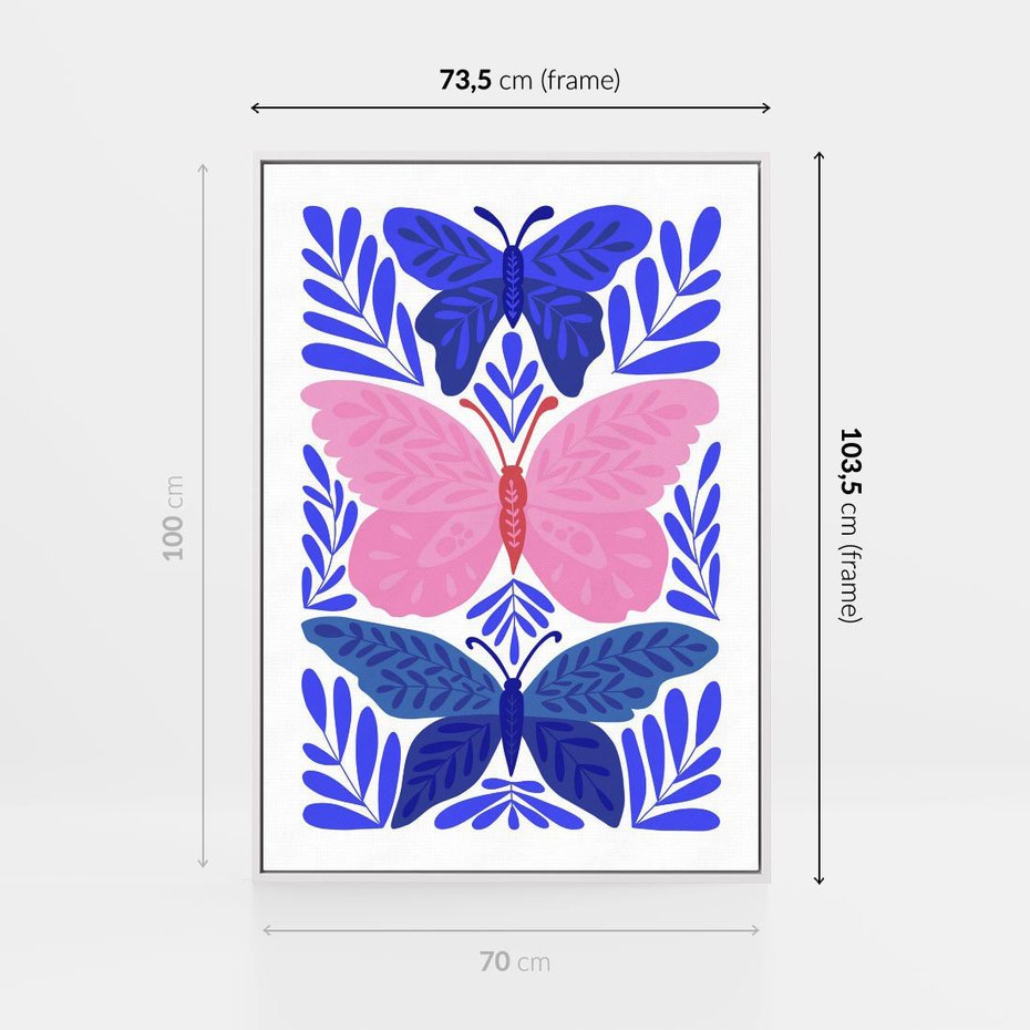 Obraz w ramie 70x100 - Delikatna Symfonia Natury - motyle, rośliny - rama biała