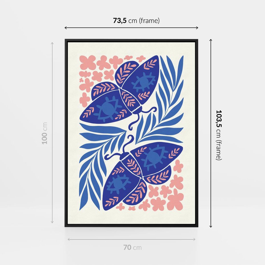 Obraz w ramie 70x100 - Migotliwa Rzeczywistość - ćmy, kwiaty - rama czarna