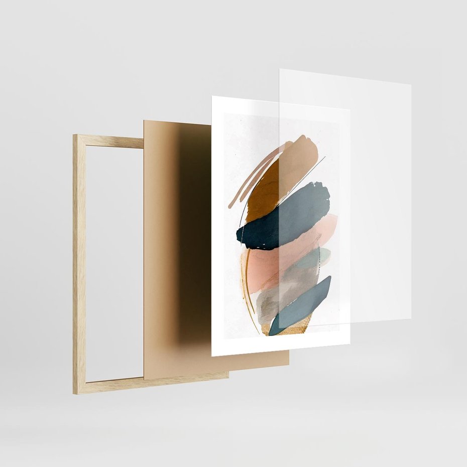 Plakat w ramie 30x40 - Migocące Impresje Przestrzeni - abstrakcyjny obraz, kolory ciepłe - rama drewno