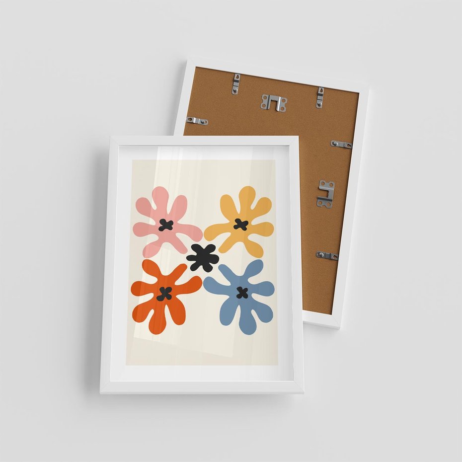 Plakat w ramie 30x40 - Taniec Akwareli - abstrakcyjne wielokolorowe kwiaty, minimalizm - rama biała