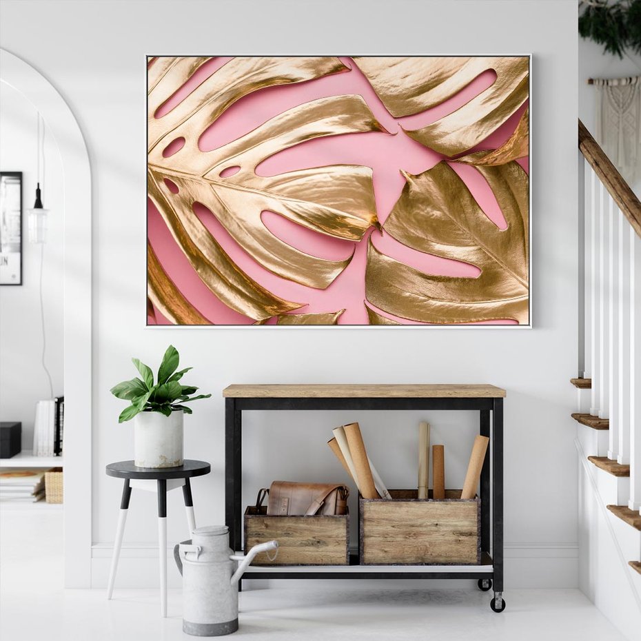 Obraz w ramie 120x80 - Przyjemność w Naturze - złote, liście - rama biała