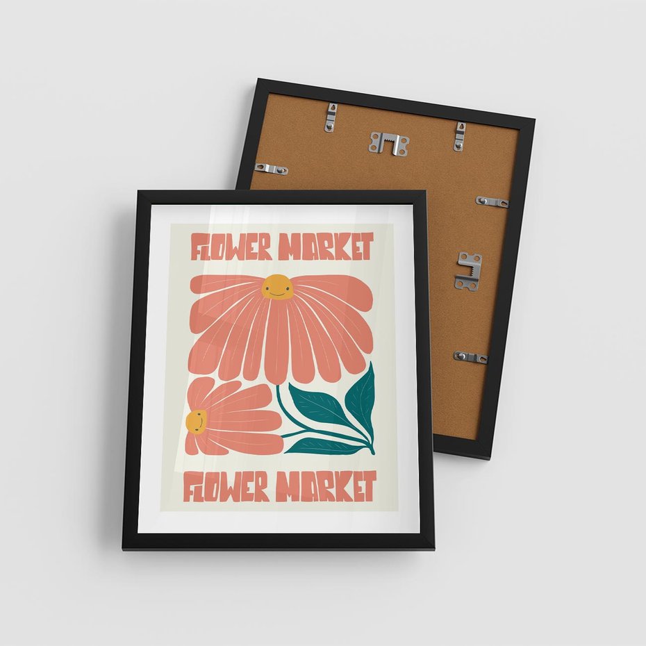 Plakat w ramie 40x50 - Retro Radość - typografia, wesołe kwiaty - rama czarna