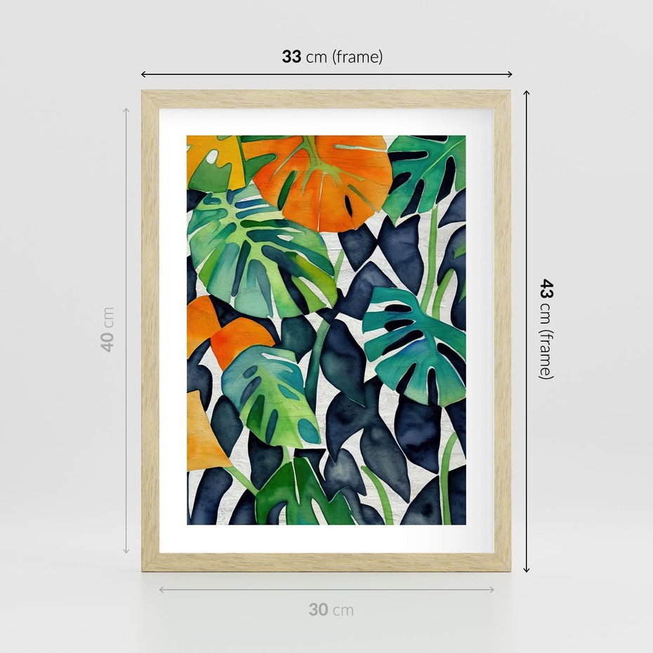 Plakat w ramie 30x40 - Tropikalne Pragnienia - akwarela, liście tropikalne - rama drewno