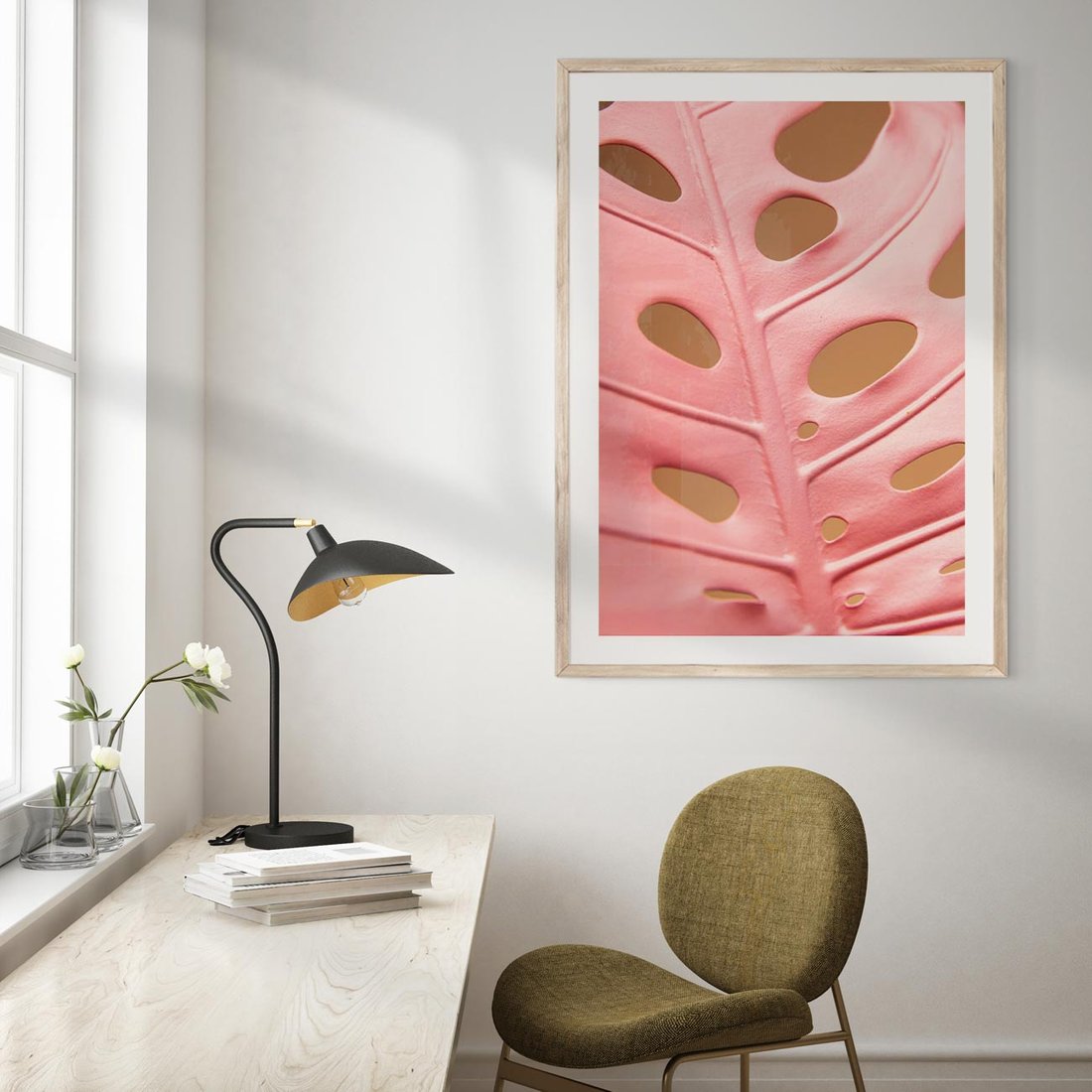 Plakat w ramie 50x70 - Różowy Liść Monstery - różowy liść monstery, nowoczesna fotografia - rama drewno