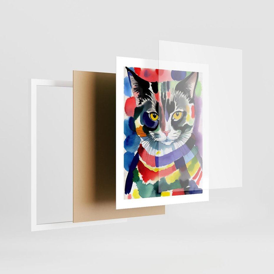 Plakat w ramie 40x50 - Koci Przyjaciel - abstrakcyjny obraz, akwarela - rama biała