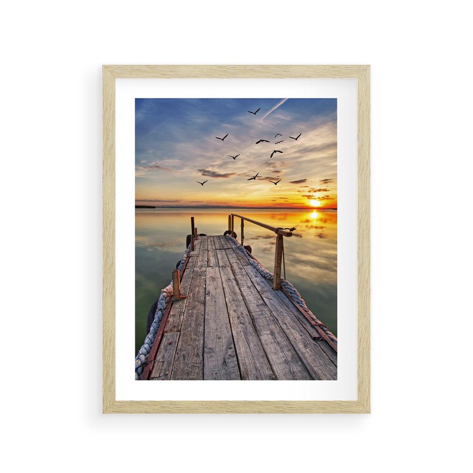 Plakat w ramie 30x40 - Spokojny pomost nad jeziorem - pomost, jezioro - rama drewno