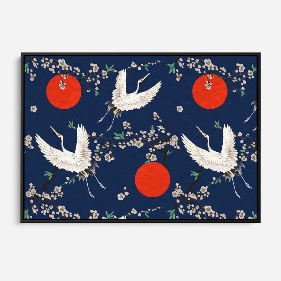 Obraz w ramie 100x70 - Japońskie Żurawie Indygo - sztuka japońska, japonia - rama czarna