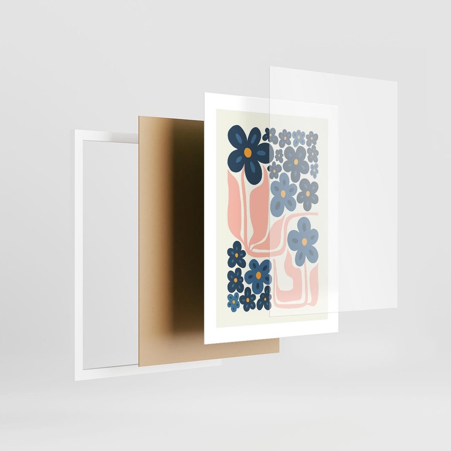 Plakat w ramie 30x40 - Niebieskie Refleksje - niebieskie kwiaty, niezapominajki - rama biała