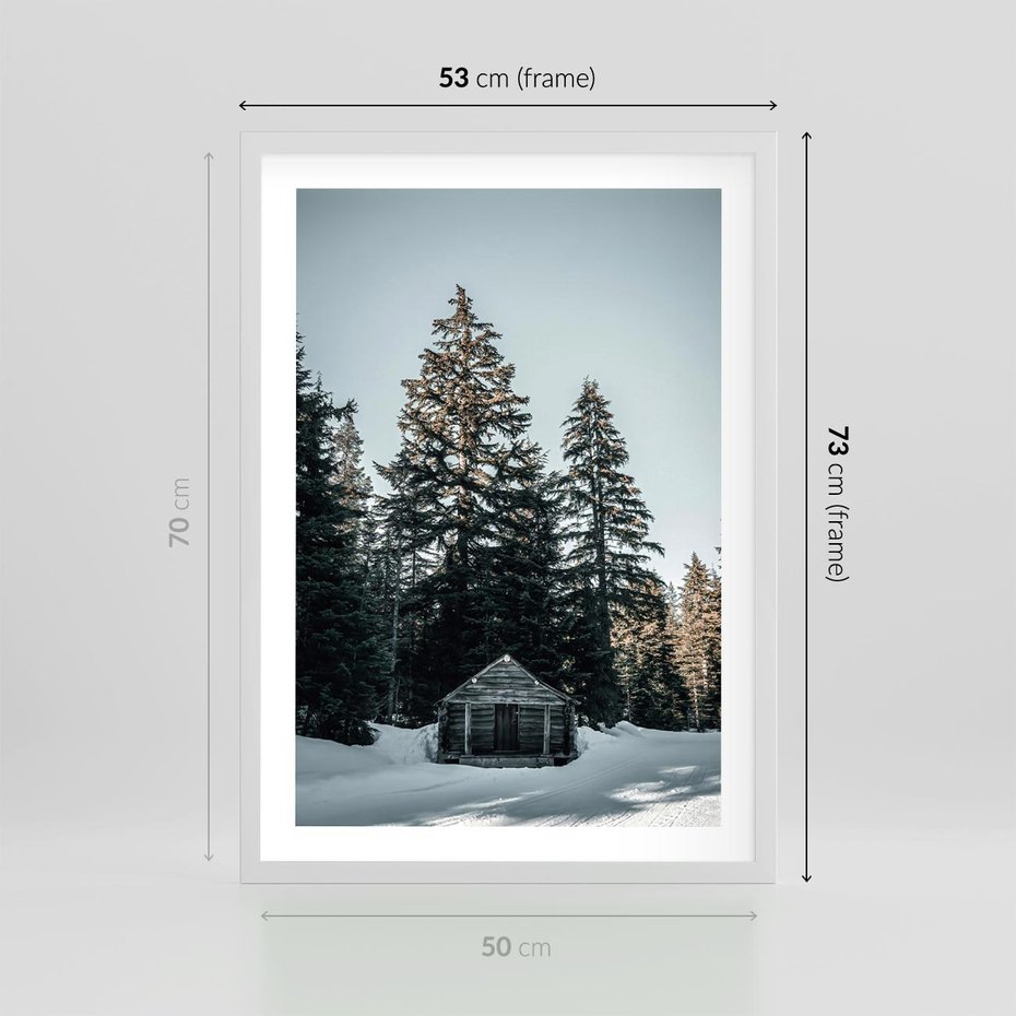 Plakat w ramie 50x70 - Chatka w Górach w Czasie Zimy - chatka w górach, zima - rama biała