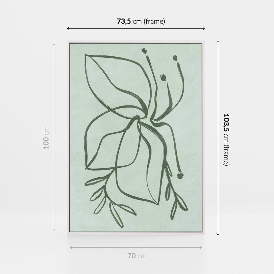 Obraz w ramie 70x100 - Energetyczne Odrodzenie Natury - abstrakcyjne delikatne zielone linie, podobne do gałęzi kwiatów - rama biała