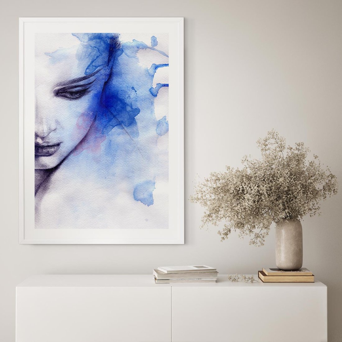 Plakat w ramie 40x50 - Graficzna magia kobiecej twarzy - grafika, kobieta - rama biała