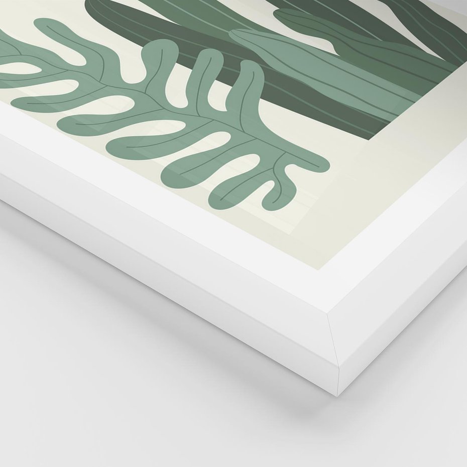 Plakat w ramie 40x50 - Graficzna Harmonia: Liście i Rośliny na Plakacie - liście, grafika - rama biała