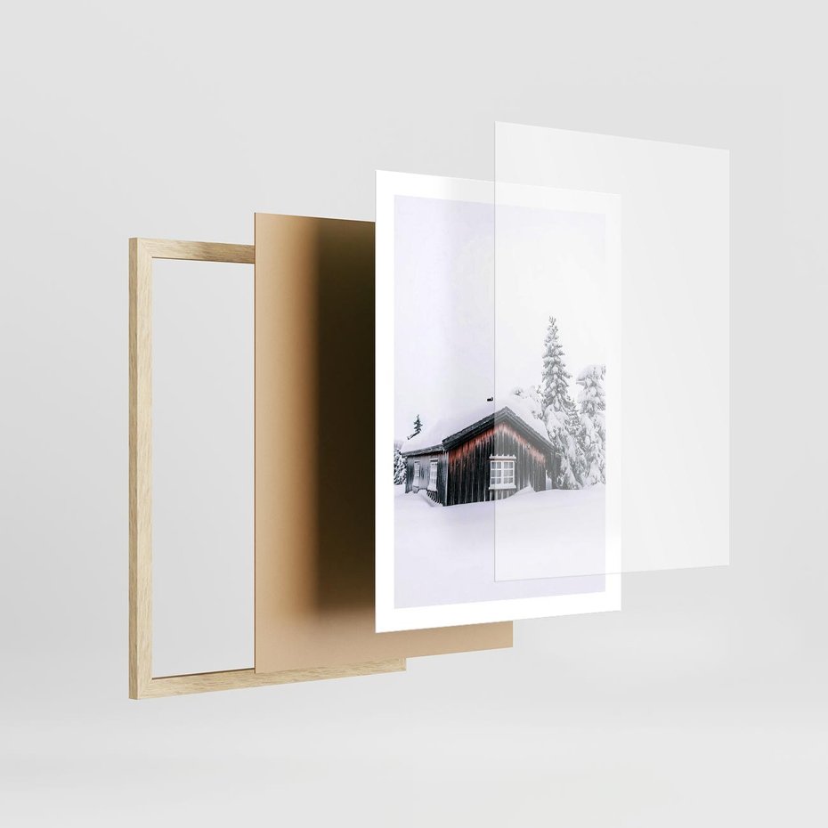 Plakat w ramie 50x70 - Zimowy Azyl: Domek w Górach - domek w górach, śnieg - rama drewno