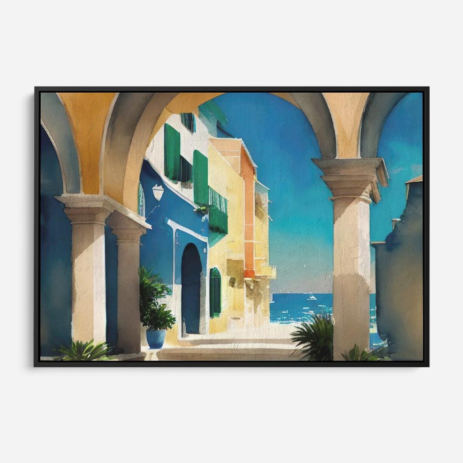 Obraz w ramie 70x50 - Nadmorskie Łuki - akwarela, śródziemnomorski klimat - rama czarna