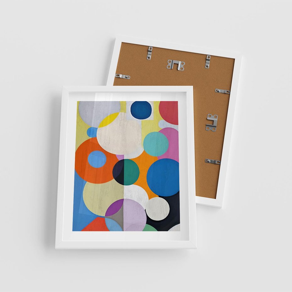 Plakat w ramie 40x50 - Tajemnicze Odbicia Czasu - abstrakcyjne geometryczne kształty, olejny obraz - rama biała