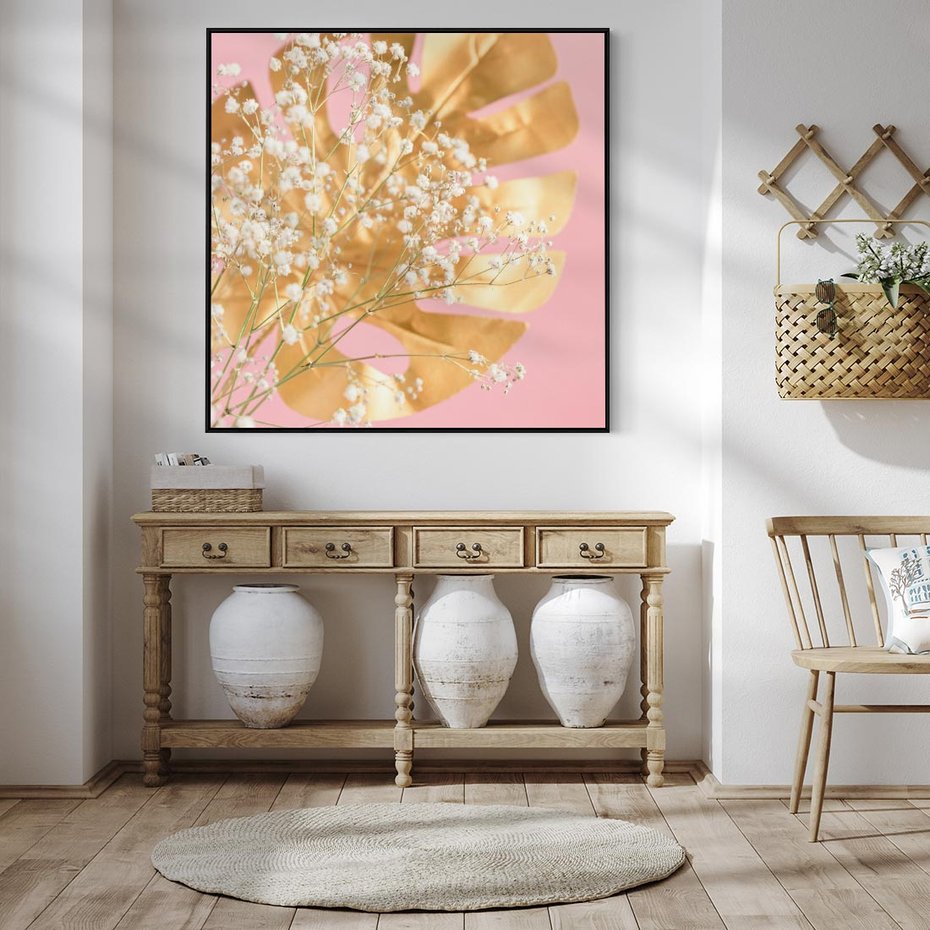 Obraz w ramie 50x50 - : Elegancja w Złocie - złote, liście - rama czarna