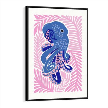 Obraz w ramie 70x100 - Rozkwitające marzenia - abstrakcyjna kompozycja, niebieska ośmiornica wśród różowej roślinnośći - rama czarna