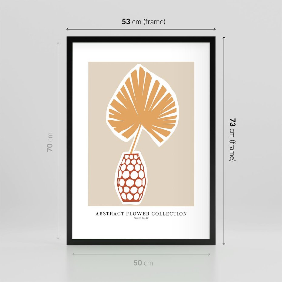Plakat w ramie 50x70 - Kwiatowa Kreatywność - tropikalny liść w wazonie, typografia - rama czarna