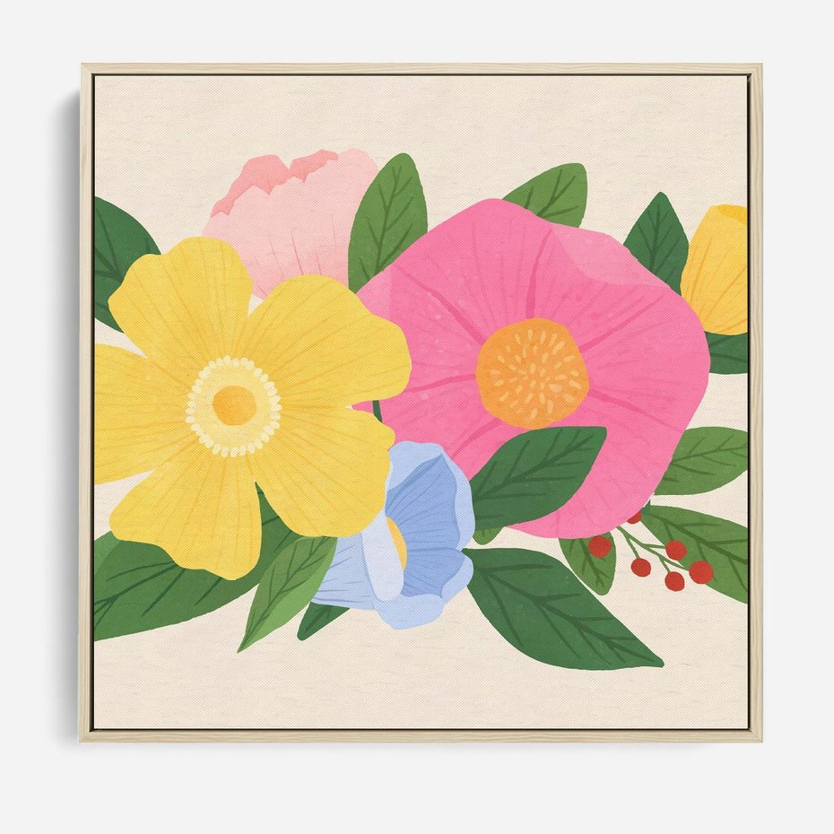 Obraz w ramie 80x80 - Kwiatowy Uśmiech - kwiaty, akwarela - rama drewno