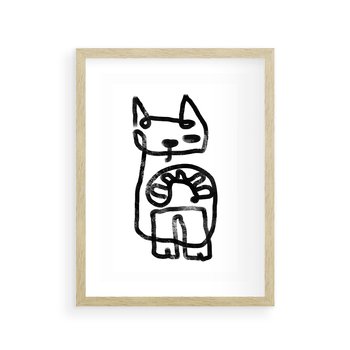 Plakat w ramie 40x50 - Portret Kociej Duszy - szkic kota, prymitywizm - rama drewno