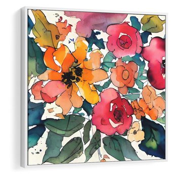 Obraz w ramie 80x80 - Kwiatowy Impuls Kolorów - abstrakcyjne kolorowe kwiaty, szkic - rama biała