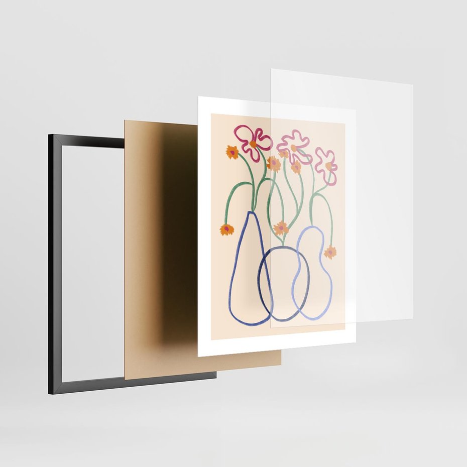 Plakat w ramie 40x50 - Migocące Pastelowe Impresje - minimalistyczny abstrakcyjny obraz, prymitywne kwiatki - rama czarna