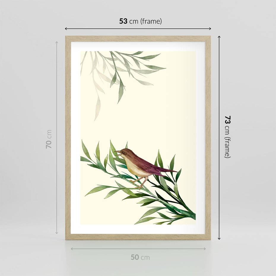 Plakat w ramie 50x70 - Roślinne Nastroje - japońska sztuka, ptak - rama drewno