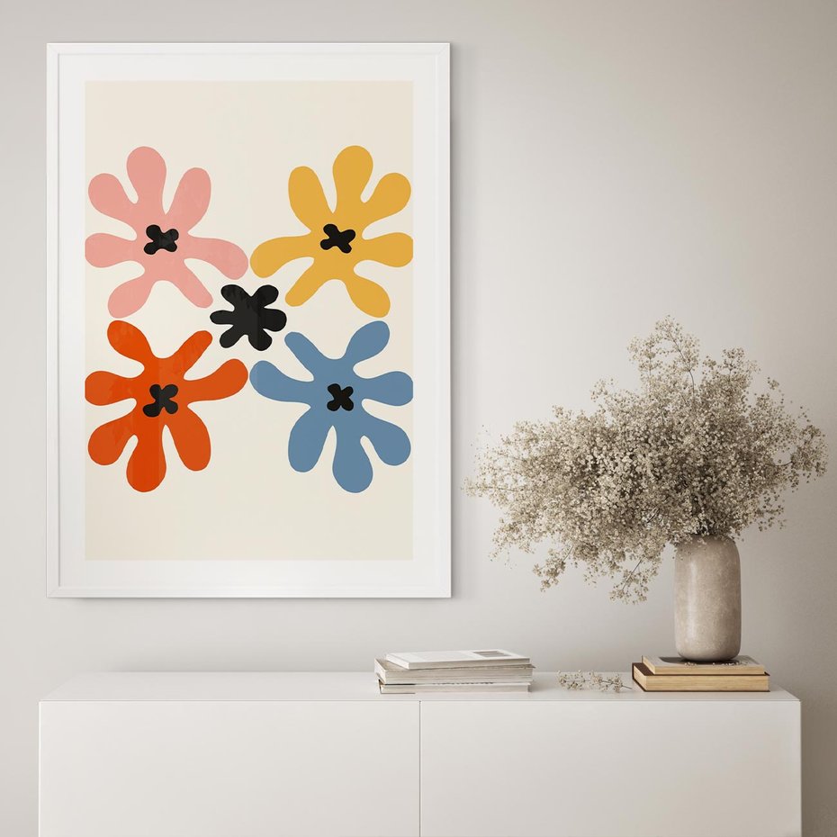 Plakat w ramie 30x40 - Taniec Akwareli - abstrakcyjne wielokolorowe kwiaty, minimalizm - rama biała